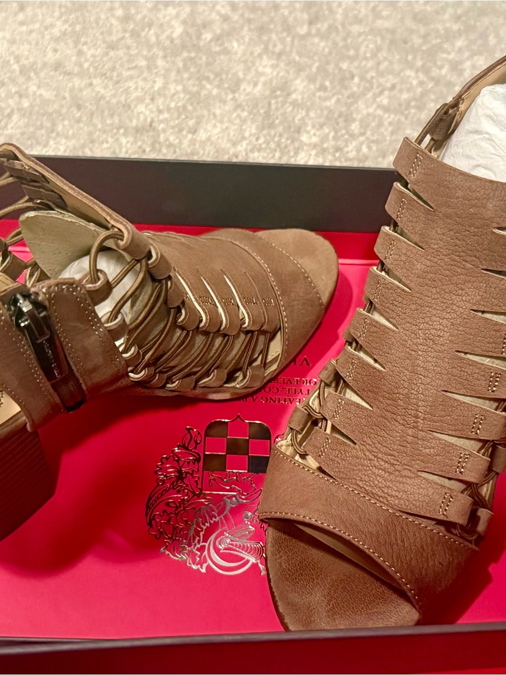 Vince Camuto Smoke Taupe Strappy Peep-Toe Heeled Sandals - Picture 4 of 4